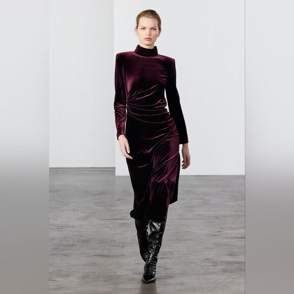 NWT ZARA DRAPED VELVET DRESS ZWβCOLLECTION burgundy - Picture 9 of 13